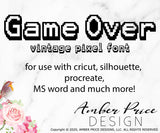 Pixel font, Pixelated font, Vintage gaming font svg, video games font, hollow outlined font, svg fonts, vintage svg font, DXF font, cricut font, silhouette font, download font, instant download, procreate font, digital download, font design, fonts for cricut, fonts for silhouette, dxf font, otf font, fonts for procreate | Amber Price Design