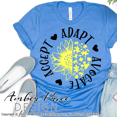 Autism sunflower svg, autism awareness SVG, accept adapt advocate svg, April svg, Puzzle piece, Autism awareness month svg, PNG, DXF, Sublimation, Screen print, File, Digital Download, Instant Download, Design cut file, cricut, Autism Shirt SVG