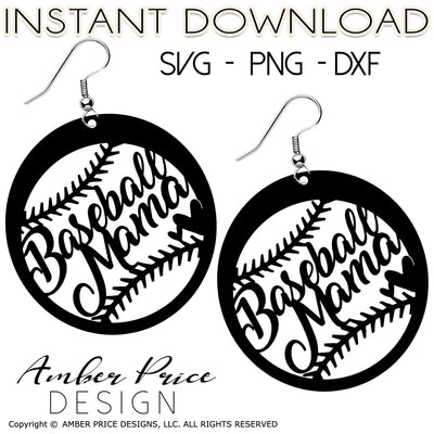 baseball mama earring svg png dxf baseball mom design, earring cut file for cricut, silhouette, glowforge,