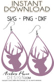 Deer Earring SVG, hunting earring svg, buck hunter svg earring cut file for cricut, silhouette, glowforge, digital cut file for vinyl cutting machines like Cricut, and Silhouette. Includes 1 zipped folder containing each SVG file, DXF file, and PNG file. This is a High Res file, at full 300 dpi resolution | Amber Price