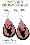 Deer Earring SVG, hunting earring svg, buck hunter svg earring cut file for cricut, silhouette, glowforge, digital cut file for vinyl cutting machines like Cricut, and Silhouette. Includes 1 zipped folder containing each SVG file, DXF file, and PNG file. This is a High Res file, at full 300 dpi resolution | Amber Price