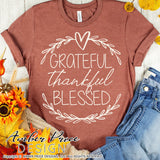 Grateful thankful blessed SVG, Thanksgiving SVG, modern laurel wreath svg, women's Fall SVG, October SVG cut file for cricut, silhouette DXF & PNG also included. Cute and Unique sublimation file. Cricut SVG Silhouette Files for Cricut Project Ideas, Simply Crafty SVG Bundles Design Bundles, Vectors | Amber Price Design