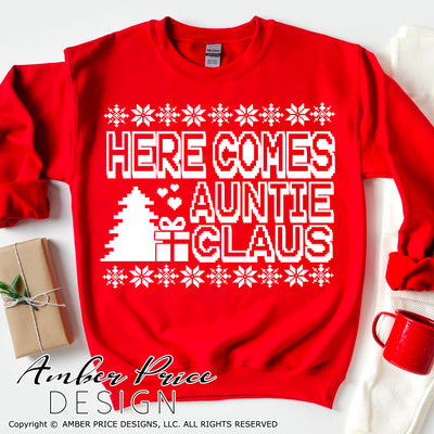 Here comes auntie Claus SVG | Christmas SVG, Cute Aunt's Christmas svg for Aunts, Christmas shirt SVG, Winter SVG designs for Aunties DIY winter shirt craft, DIY silhouette projects vector files for home decor. SVG Silhouette SVG SVG Files for Cricut Project Ideas Simply Crafty SVG Bundles Vector | Amber Price Design