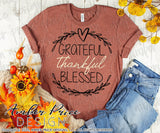 Grateful thankful blessed SVG, Thanksgiving SVG, modern laurel wreath svg, women's Fall SVG, October SVG cut file for cricut, silhouette DXF & PNG also included. Cute and Unique sublimation file. Cricut SVG Silhouette Files for Cricut Project Ideas, Simply Crafty SVG Bundles Design Bundles, Vectors | Amber Price Design