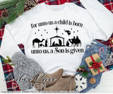 For unto us a child is born SVG, a Son is given. Nativity Scene SVG, Christmas svg, Cute Christmas ornament SVG, Jesus is the reason SVGs, winter shirt craft, DIY silhouette projects vector files for home decor. SVG Silhouette SVG SVG Files for Cricut Project Ideas Simply Crafty SVG Bundles Vector | Amber Price Design