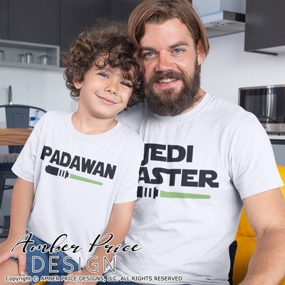Jedi Master SVG, Make your own funny Star wars shirts for father and son with my unique Padawan SVG, unique light saber Star Wars SVG cut file vectors for cricut or silhouette cameo project files. DXF & PNG sublimation file included Cricut SVG Files for Cricut Project Ideas SVG Bundles Design Bundles | Amber Price Design