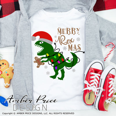 Merry Rexmas SVG, Christmas Dinosaur SVG, Kid's Christmas shirt SVG, T-Rex with Christmas lights SVGs cut files for cricut, Winter shirt designs DXF & PNG included. Cute & Unique sublimation file. Silhouette downloadable File for Cricut Project Ideas Simply Crafty SVG Bundles Design Bundles, Vector | Amber Price Design