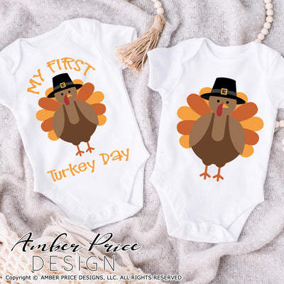 My first Turkey Day SVG, baby Thanksgiving SVG cut file for cricut, silhouette, baby's first Thanksgiving shirt SVG, PNG. Cute fall themed turkey onesie Vector for newborn baby. DXF also included. Unique sublimation PNG file. Cricut SVG Silhouette SVG Files for Cricut Project Ideas Simply Crafty SVG Bundles Design Bundles, Vectors | Amber Price Design