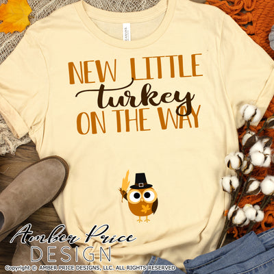 New Little turkey on the way SVG Fall Pregnancy / Maternity SVG! Cute DIY Thanksgiving Pregnancy reveal SVG files for all your Maternity shirt projects! Announce your pregnancy with our creative fall maternity designs! Our Pregnancy Announcement designs for your crafts! PNG DXF | Amber Price Design amberpricedesign.com