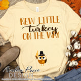 New Little turkey on the way SVG Fall Pregnancy / Maternity SVG! Cute DIY Thanksgiving Pregnancy reveal SVG files for all your Maternity shirt projects! Announce your pregnancy with our creative fall maternity designs! Our Pregnancy Announcement designs for your crafts! PNG DXF | Amber Price Design amberpricedesign.com