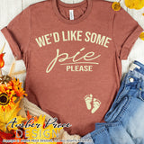 We'd like some pie please SVG fall Pregnancy / Maternity SVG! Cute DIY Thanksgiving Pregnancy reveal SVG files for all your Maternity shirt projects! Announce your pregnancy with our creative fall maternity designs! Our Pregnancy Announcement SVGs are PERFECT for pregnancy crafts! PNG DXF | Amber Price Design bundle