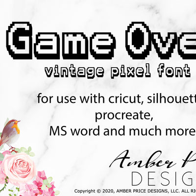 Pixel font, Pixelated font, Vintage gaming font svg, video games font, hollow outlined font, svg fonts, vintage svg font, DXF font, cricut font, silhouette font, download font, instant download, procreate font, ​digital download, font design, fonts for cricut, fonts for silhouette, dxf font, otf font, fonts for procreate | Amber Price Design