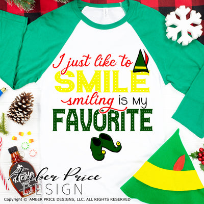 I just like to smile, smiling's my favorite SVG, Christmas SVG, Buddy the Elf Christmas SVG, Cute Cricut SVG designs DIY winter shirt craft, DIY silhouette projects vector files for home decor. Sign Stencil SVGs for Silhouette SVG SVG Files for Cricut Project Ideas Simply Crafty SVG Bundles Vector | Amber Price Design 
