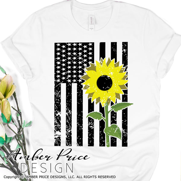 Distressed american flag with sunflower SVG, 4th of July SVG, PNG, DXF, Patriotic Sunflower SVG, Amber Price Design