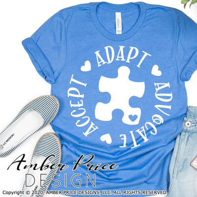 Autism Awareness SVG, accept adapt advocate svg, April svg, Puzzle piece, Autism awareness month svg, PNG, DXF, Sublimation, Screen print, File, Digital Download, Instant Download, Design cut file, cricut, Autism Shirt SVG