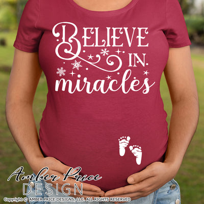 Believe in Miracles SVG Christmas Maternity SVG for winter! Cute DIY Christmas Pregnancy reveal SVG files for all your Maternity shirt projects! Announce your pregnancy with our creative infertility warrior design! Our Pregnancy Announcement SVG is PERFECT for your pregnancy crafts! PNG DXF | Amber Price Design bundle