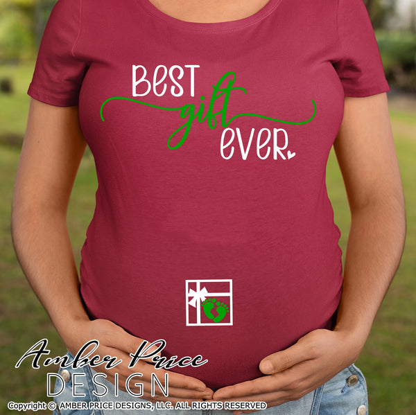 Best Gift Ever SVG Christmas Maternity SVG for winter! Cute DIY Christmas Pregnancy reveal SVG files for all your Maternity shirt projects! Announce you're expecting with our creative twin pregnancy shirt design for winter! Our Pregnancy Announcement SVG is PERFECT for your pregnancy craft! PNG DXF | Amber Price Design