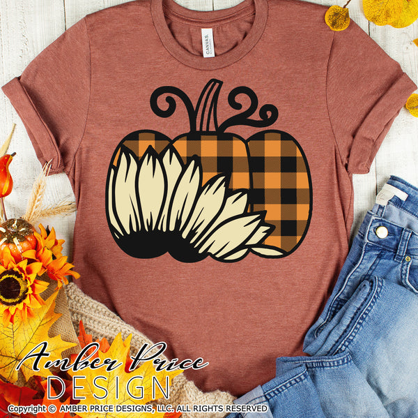 Sunflower Pumpkin SVG, Pumpkin Patch SVG, Plaid pumpkin clipart Fall SVG, DIY women's Fall t-shirt SVG, October SVG cut file for cricut, silhouette DXF & PNG also. Cute Unique sublimation file. Cricut SVG Silhouette Files for Cricut Project Ideas, Simply Crafty SVG Bundles Design Bundles, Vectors | Amber Price Design