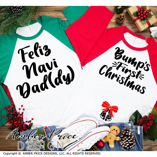 Bump's first Christmas SVG, Feliz Navi-Daddy SVG, Couple's Christmas Maternity SVG for winter! His & Hers Christmas Pregnancy reveal SVG, Maternity shirt project! Announce you're expecting twin pregnancy shirt design for winter! Pregnancy Announcement SVG is PERFECT for your pregnancy craft PNG DXF Amber Price Design