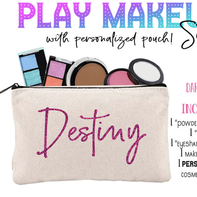 Play Makeup for dark skinned girls. Personalized Cosmetics Pouch Included!  Let her get ready with mama with a pretend makeup kit of her OWN! Solid Makeup that doesn't transfer to skin. No more messes, or covering her face in toxic chemicals, and the colors will not transfer to their skin. Our fake makeup is the best!