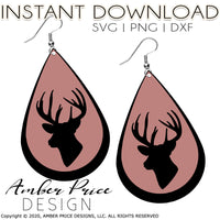 Deer Earring SVG, hunting earring svg, buck hunter svg earring cut file for cricut, silhouette, glowforge, digital cut file for vinyl cutting machines like Cricut, and Silhouette. Includes 1 zipped folder containing each SVG file, DXF file, and PNG file. This is a High Res file, at full 300 dpi resolution | Amber Price