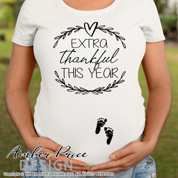 Extra thankful this year Pregnancy / Maternity SVG! Cute DIY Thanksgiving Pregnancy reveal SVG files for all your Maternity shirt projects! Announce your pregnancy with our creative fall maternity designs! Our Pregnancy Announcement SVGs are PERFECT for your pregnancy crafts! PNG DXF from Amber Price Deign Design bundle