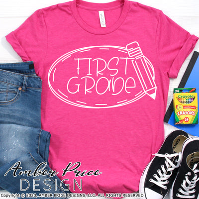 First grade shirt SVG, back to school shirt SVG, last day of school cut file for cricut, silhouette, 1st grade pencil frame wreath SVG, 1st grade teacher SVG. Custom school Vector for going into 1st grade. New1st grader SVG DXF and PNG version also included. Cute and Unique sublimation file. From Amber Price Design