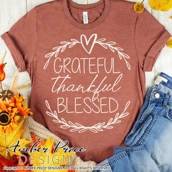 Grateful thankful blessed SVG, Thanksgiving SVG, modern laurel wreath svg, women's Fall SVG, October SVG cut file for cricut, silhouette DXF & PNG also included. Cute and Unique sublimation file. Cricut SVG Silhouette Files for Cricut Project Ideas, Simply Crafty SVG Bundles Design Bundles, Vectors | Amber Price Design