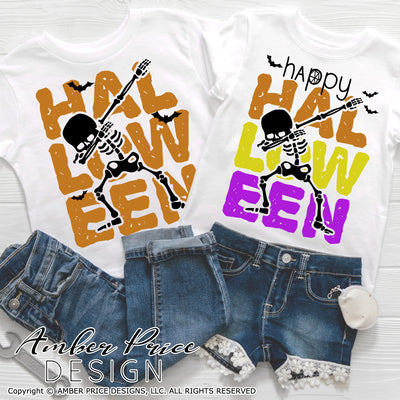 Kid's Halloween SVG PNG DXF Dabbing Skeleton SVGs, Matching siblings Halloween SVGs, DIY Halloween shirt SVG for brothers and sisters. Cute Halloween cricut craft projects cut file for silhouette. Halloween Shirt Vector for Fall and Autumn. Fall shirt SVG DXF sublimation PNG versions included. From Amber Price Design