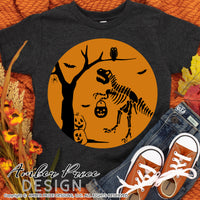 Halloween Dinosaur SVG, Kid's Halloween SVG cut file for cricut, silhouette, Boy's Halloween shirt SVG. Dinosaur T-Rex Halloween Shirt Vector for Fall and Autumn. Trick or treating dinosaur svg, png, dxf. Kid's Fall Halloween shirt DXF PNG versions included. EPS by request. Sublimation PNG file. From Amber Price Design