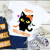 Halloween SVG, Kid's Halloween SVG cut file for cricut, silhouette, Girl's Halloween shirt SVG. Black cat SVG Happy Halloween Shirt Vector for Fall and Autumn. Cute kitty cat with bow svg, png, dxf. Kid's Fall Halloween shirt DXF PNG versions included. Cricut Halloween Project ideas Sublimation PNG | Amber Price Design