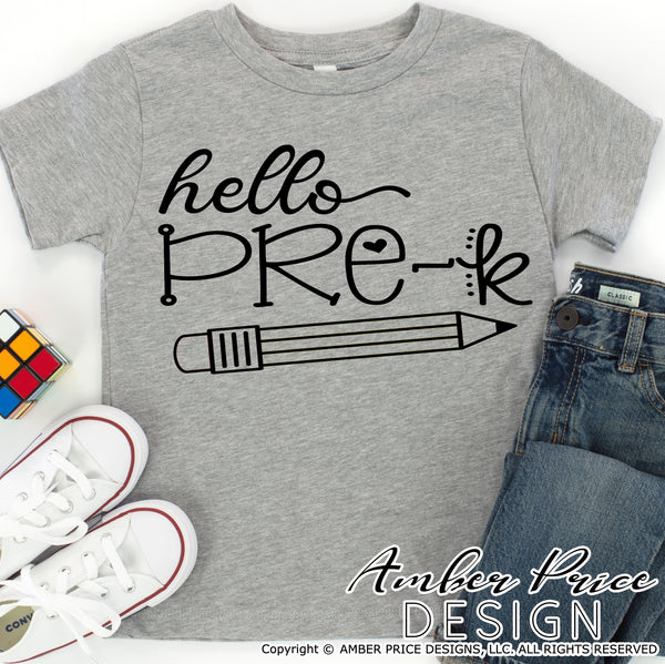 Hello Pre-K shirt SVG, First day of preschool shirt SVG with pencil, Pre-K teacher cut file for cricut, silhouette, Pre-K SVG, Preschool SVG, head start teacher SVG. School Vector for going into preschool. DIY Preschool shirt design SVG DXF & PNG version included. Cute Unique sublimation file. From Amber Price Design