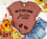 We'd like some pie please SVG Fall Pregnancy / Maternity SVG! Cute DIY Thanksgiving Pregnancy reveal SVG files for all your Maternity shirt projects! Announce your pregnancy with our creative fall maternity designs! Our Pregnancy Announcement SVGs are PERFECT for pregnancy crafts! PNG DXF | Amber Price Design bundle