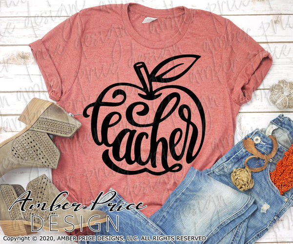 Teacher apple svg hand lettered SVG apple outline clipart cute teacher shirt svg Zoom Teacher design cut file teacher gift Cricut Silhouette