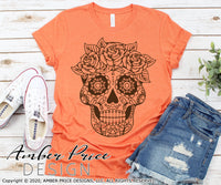 Sugar Skull SVG, Sugar Skull with Roses SVG, Halloween SVG PNG DXF,  Halloween skeleton SVG, Cute DIY Halloween shirt SVG. Cut file for cricut, silhouette, cute Women's Halloween Shirt Vector for Fall and Autumn. Fall shirt SVG DXF PNG versions included. EPS by request. Sublimation file. From Amber Price Design