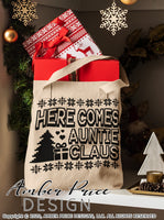 Here comes auntie Claus SVG | Christmas SVG, Cute Aunt's Christmas svg for Aunts, Christmas shirt SVG, Winter SVG designs for Aunties DIY winter shirt craft, DIY silhouette projects vector files for home decor. SVG Silhouette SVG SVG Files for Cricut Project Ideas Simply Crafty SVG Bundles Vector | Amber Price Design 