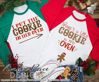 Couple's Christmas Maternity SVGs, There's a little cookie in this oven SVG, I put the cookie in her oven SVG, His & Hers Christmas Pregnancy reveal Maternity shirt svgs! Announce you're expecting twins shirt design for winter! Pregnancy Announcement SVG is PERFECT for your pregnancy craft PNG DXF Amber Price Design