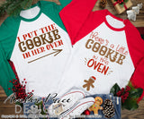 Couple's Christmas Maternity SVGs, There's a little cookie in this oven SVG, I put the cookie in her oven SVG, His & Hers Christmas Pregnancy reveal Maternity shirt svgs! Announce you're expecting twins shirt design for winter! Pregnancy Announcement SVG is PERFECT for your pregnancy craft PNG DXF Amber Price Design