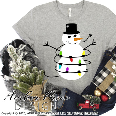 Winter SVG Snowman with Christmas lights svg Kid Holiday shirt design festive snowy snow lights svg png dxf sublimation clipart download