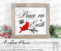 Peace on Earth SVG, Cardinal SVG for Winter, Christmas SVG, cute winter shirt craft, christmas ornament SVGs winter home decor project craft, DIY Cricut and silhouette projects vector files, for home decor. SVG Silhouette SVG SVG Files for Cricut Project Ideas Simply Crafty SVG Bundles Vector | Amber Price Design 