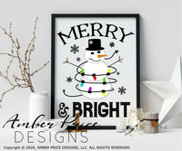 Merry and bright SVG, snowman svg with Christmas lights SVG shirt DIY cut file for cricut, silhouette Winter SVG, festive holiday svg files winter SVG DXF and PNG version also included. Cute and Unique sublimation file. Silhouette Files for Cricut Project Ideas Simply Crafty SVG Bundles Design Bundles Vector | Amber Price Design