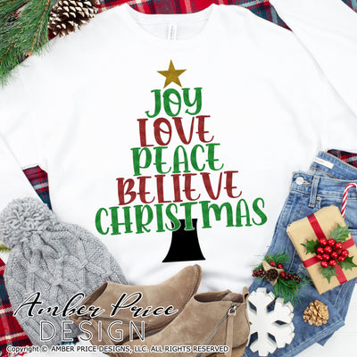 Joy Love Peace SVG stacked Christmas Tree SVG, Christian Christmas svg shirt designs Scripture Christmas ornament SVG, Jesus is the reason SVGs, winter shirt DIY silhouette projects vector files for home decor. SVG Silhouette SVG SVG Files for Cricut Project Ideas Simply Crafty SVG Bundles Vector | Amber Price Design 