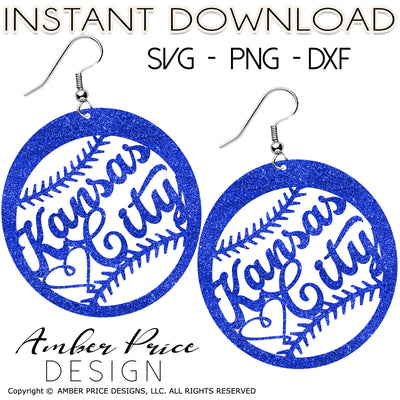 Kansas City Baseball Earrings SVG PNG DXF cut file for cricut, Royals earring cut file for cricut, silhouette, glow forge, vinyl cutting machines like Cricut, and Silhouette. Includes 1 zipped folder containing each SVG, DXF file, and PNG file. This is a High Res file, at full 300 dpi resolution | Amber Price Design