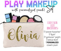 Play Makeup for girls. Personalized Cosmetics Pouch Included! | Let her get ready with mama with a pretend makeup kit of her OWN! Solid, hard makeup that doesn't transfer to skin. No more messes, or covering her face in toxic chemicals, and the colors will not transfer to their skin. Our fake makeup is the simply best!