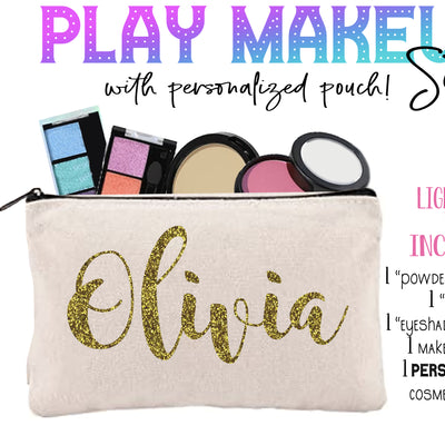 Play Makeup for girls. Personalized Cosmetics Pouch Included! | Let her get ready with mama with a pretend makeup kit of her OWN! Solid, hard makeup that doesn't transfer to skin. No more messes, or covering her face in toxic chemicals, and the colors will not transfer to their skin. Our fake makeup is the simply best!