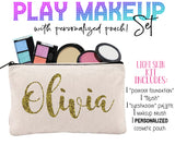 Play Makeup for girls. Personalized Cosmetics Pouch Included! | Let her get ready with mama with a pretend makeup kit of her OWN! Solid, hard makeup that doesn't transfer to skin. No more messes, or covering her face in toxic chemicals, and the colors will not transfer to their skin. Our fake makeup is the simply best!