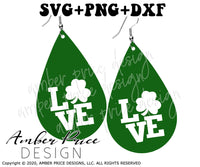Irish earrings SVG, LOVE shamrock earrings svg, st patricks day svg, earring cut file for cricut, silhouette, glow forge, vinyl cutting machines like Cricut, and Silhouette. Includes 1 zipped folder containing each SVG, DXF file, and PNG file. This is a High Res file, at full 300 dpi resolution | Amber Price Design