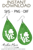 Irish earrings SVG, LOVE shamrock earrings svg, st patricks day svg, earring cut file for cricut, silhouette, glow forge, vinyl cutting machines like Cricut, and Silhouette. Includes 1 zipped folder containing each SVG, DXF file, and PNG file. This is a High Res file, at full 300 dpi resolution | Amber Price Design