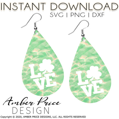 Irish earrings SVG, LOVE shamrock earrings svg, st patricks day svg, earring cut file for cricut, silhouette, glow forge, vinyl cutting machines like Cricut, and Silhouette. Includes 1 zipped folder containing each SVG, DXF file, and PNG file. This is a High Res file, at full 300 dpi resolution | Amber Price Design