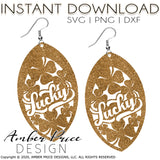 Lucky Earrings SVG, Shamrock Earrings SVG, St Patrick's Day earring cut file for cricut, silhouette, glowforge, digital cut file for vinyl cutting machines like Cricut, and Silhouette. Includes 1 zipped folder containing each SVG, DXF, and PNG file. This is a High Res file, at full 300 dpi resolution | Amber Price Design